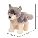 Plush wolf toy with dimensions on a white background