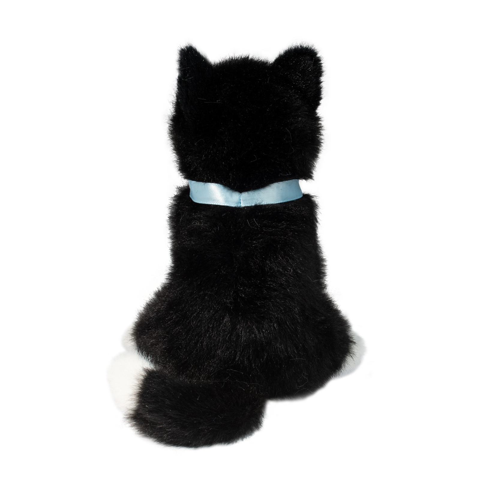 Black plush cat toy with a light blue ribbon on a white background