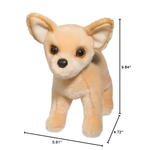 Plush toy dog with measurements on a white background