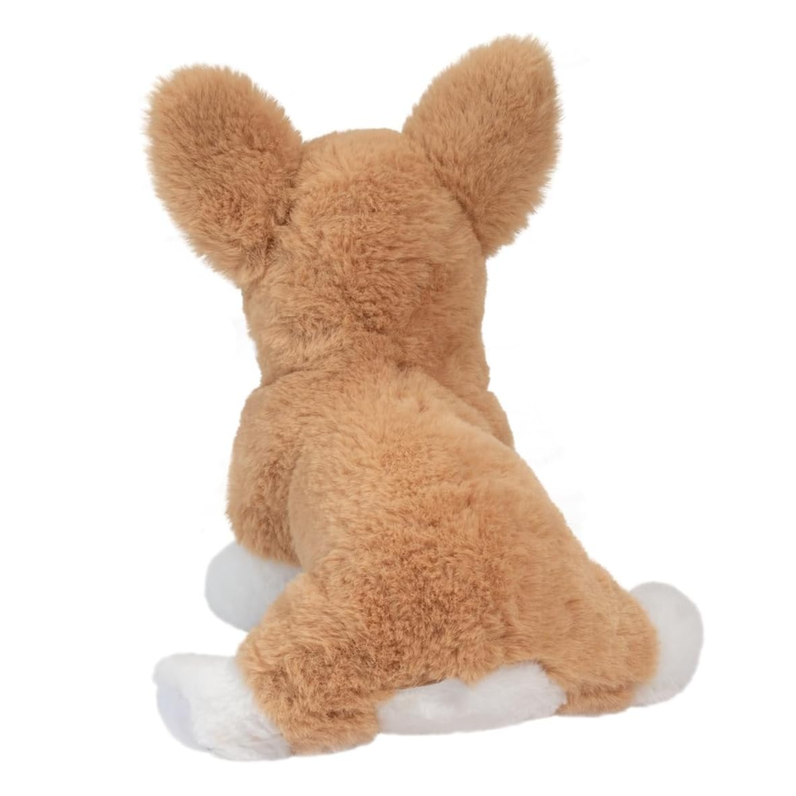 Back view of a brown plush toy with white paws on a white background