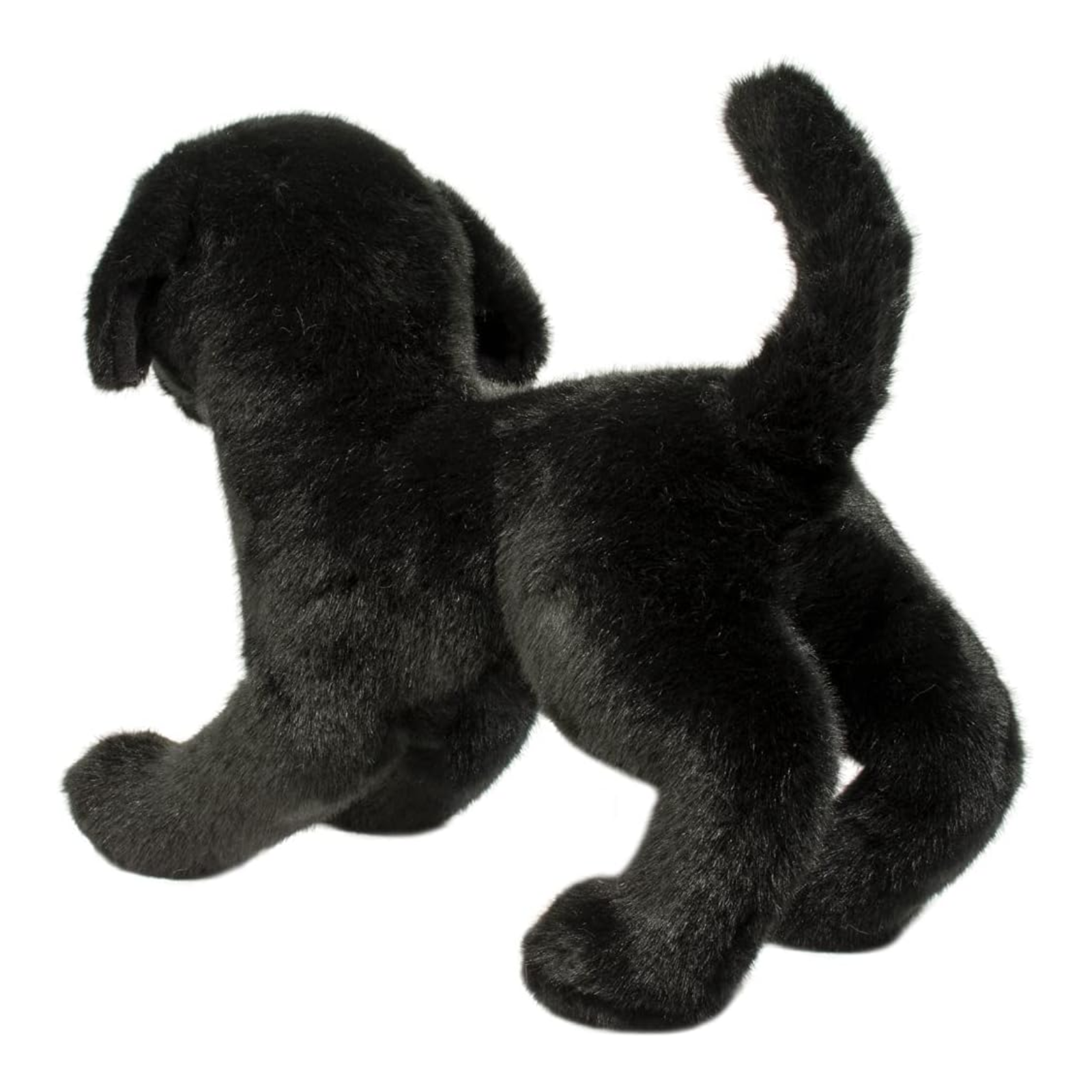 Black plush dog toy on a white background
