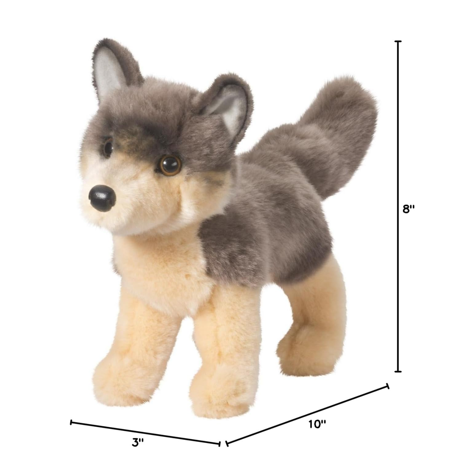 Plush wolf toy with dimensions indicated on a white background