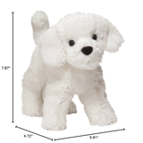 White plush dog toy with measurements on a white background