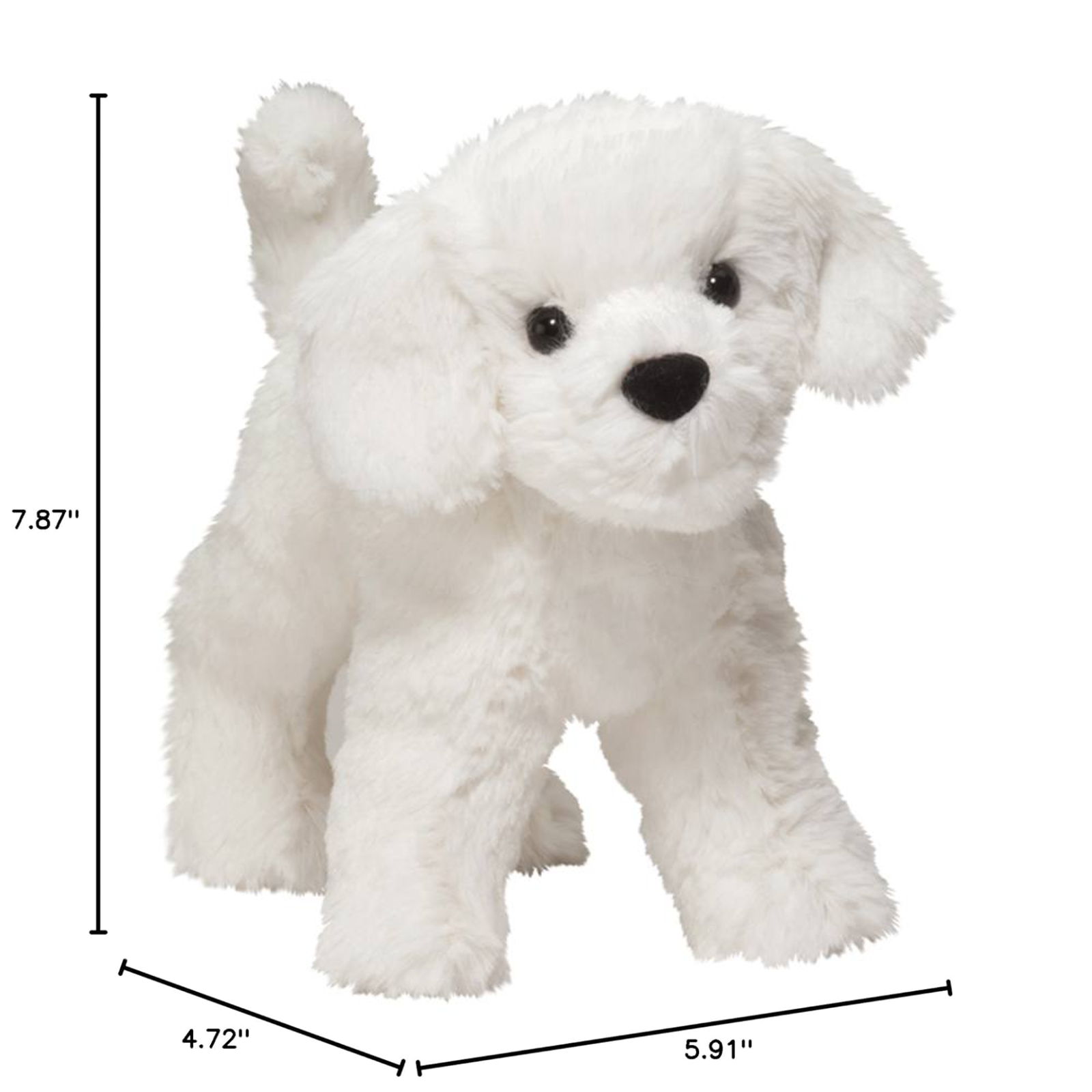 White plush dog toy with measurements on a white background