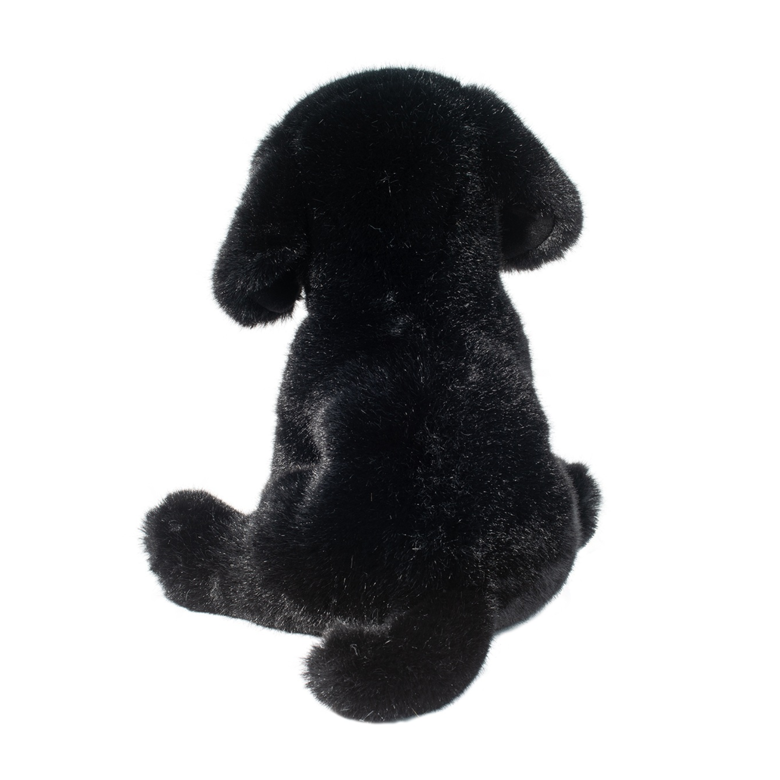 Black plush dog toy on a white background