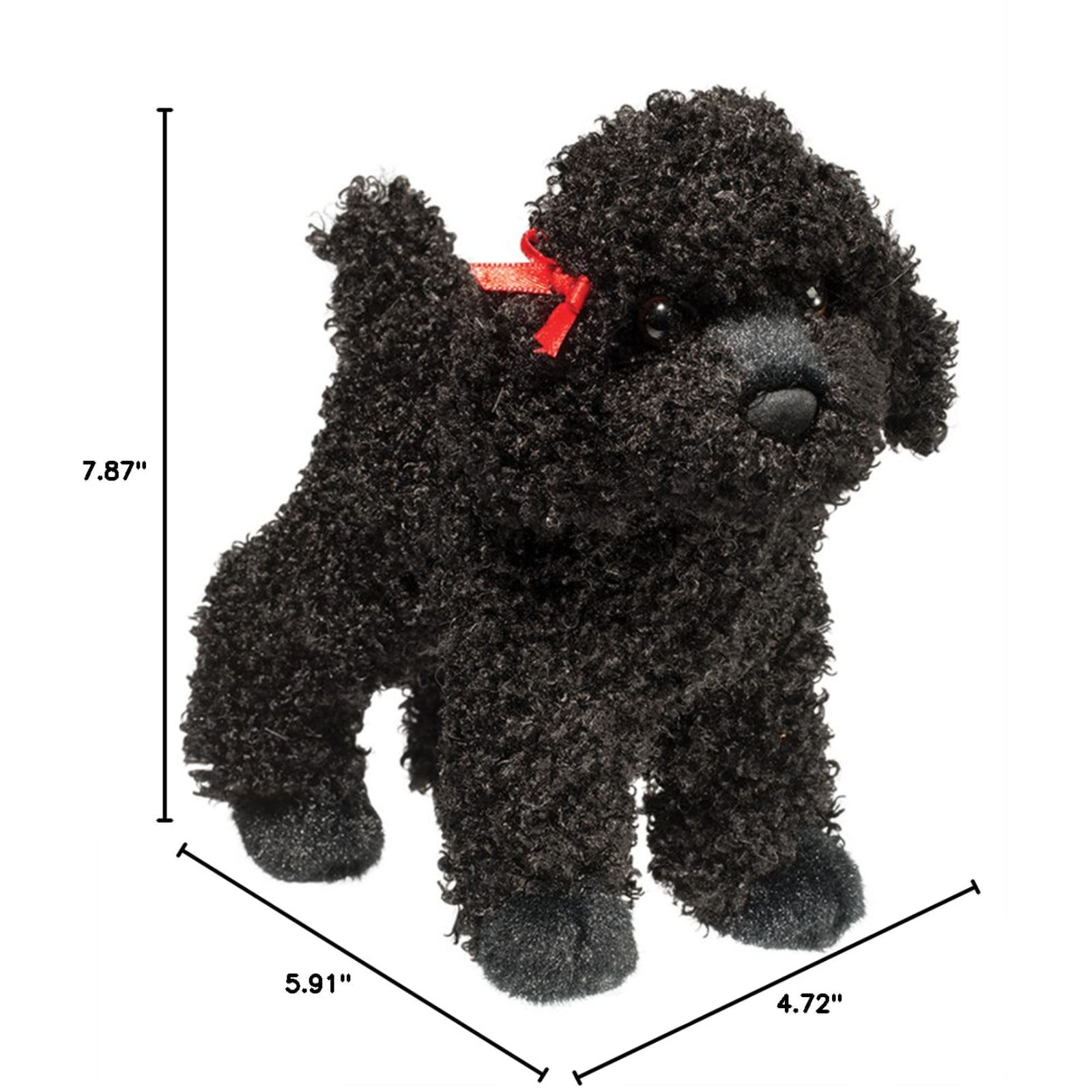 Black plush toy dog with a red bow, shown with measurements on a white background