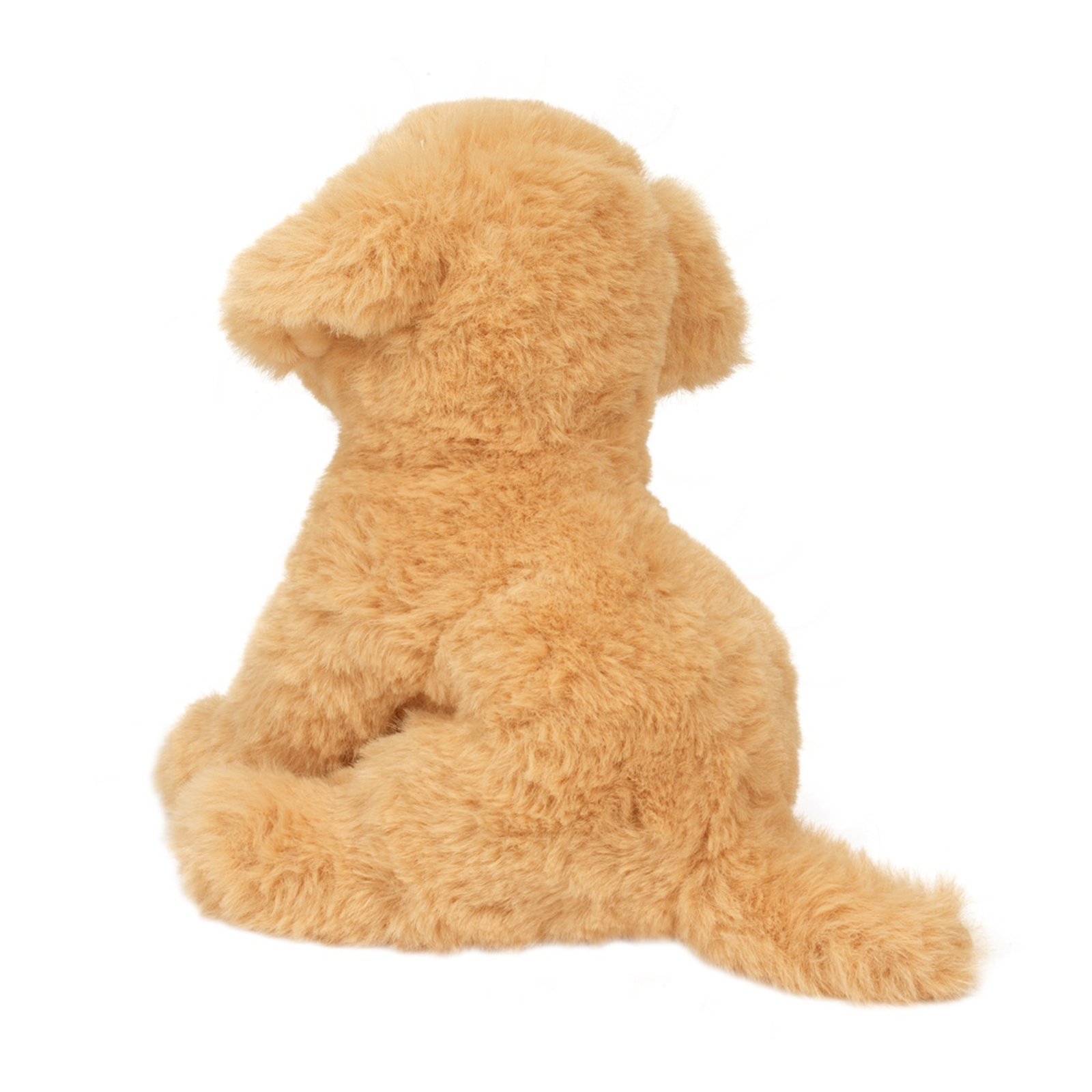 Back view of a plush dog toy on a white background