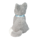 Gray plush cat toy with a blue collar on a white background