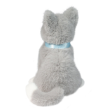 Gray plush cat toy with a blue collar on a white background