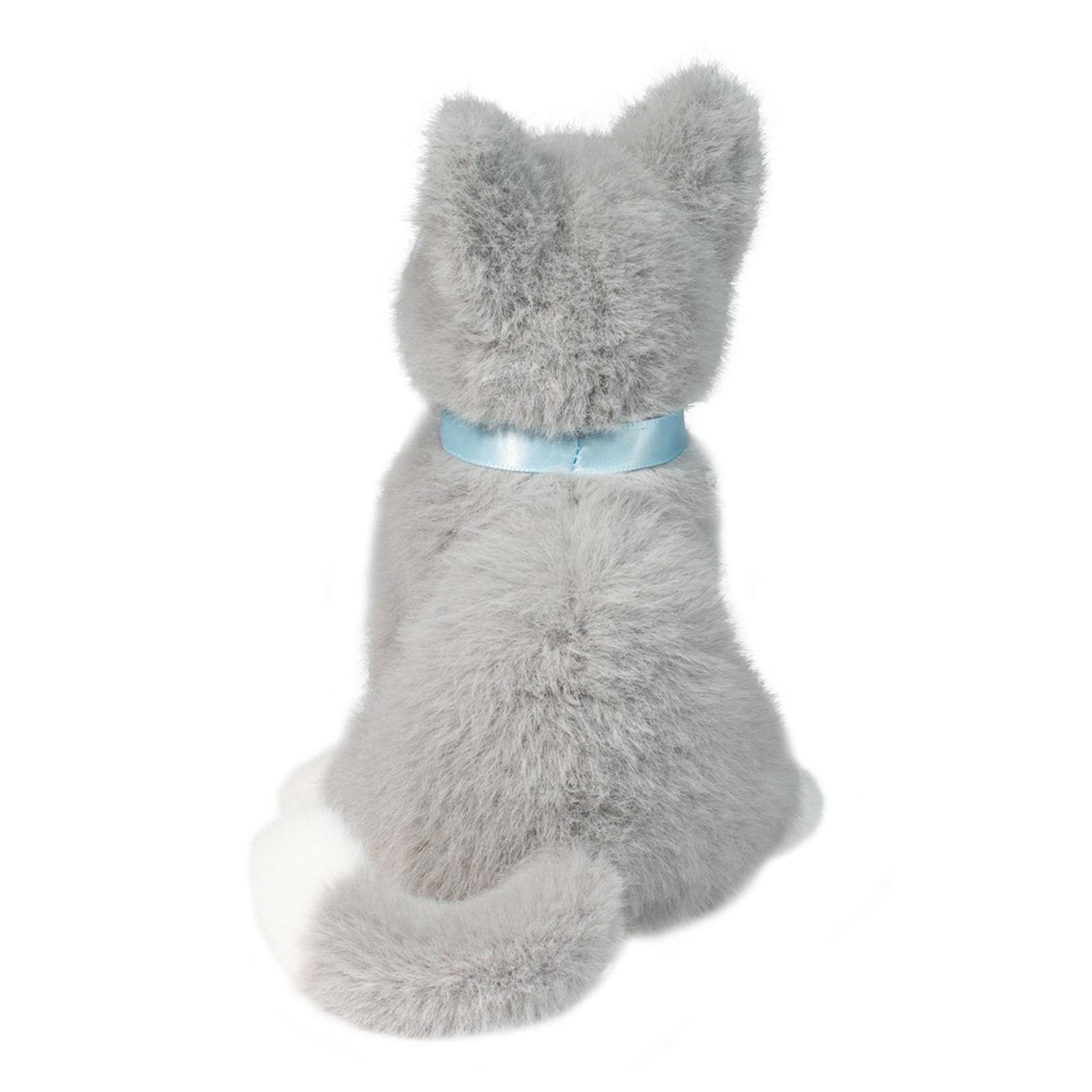 Gray plush cat toy with a blue collar on a white background