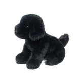 Black plush dog toy on a white background