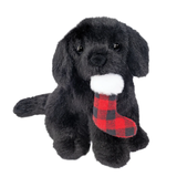 Black plush dog toy holding a red and black checkered sock on a white background