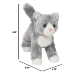 Gray and white plush cat toy with measurements on a white background