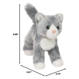 Gray and white plush cat toy with measurements on a white background