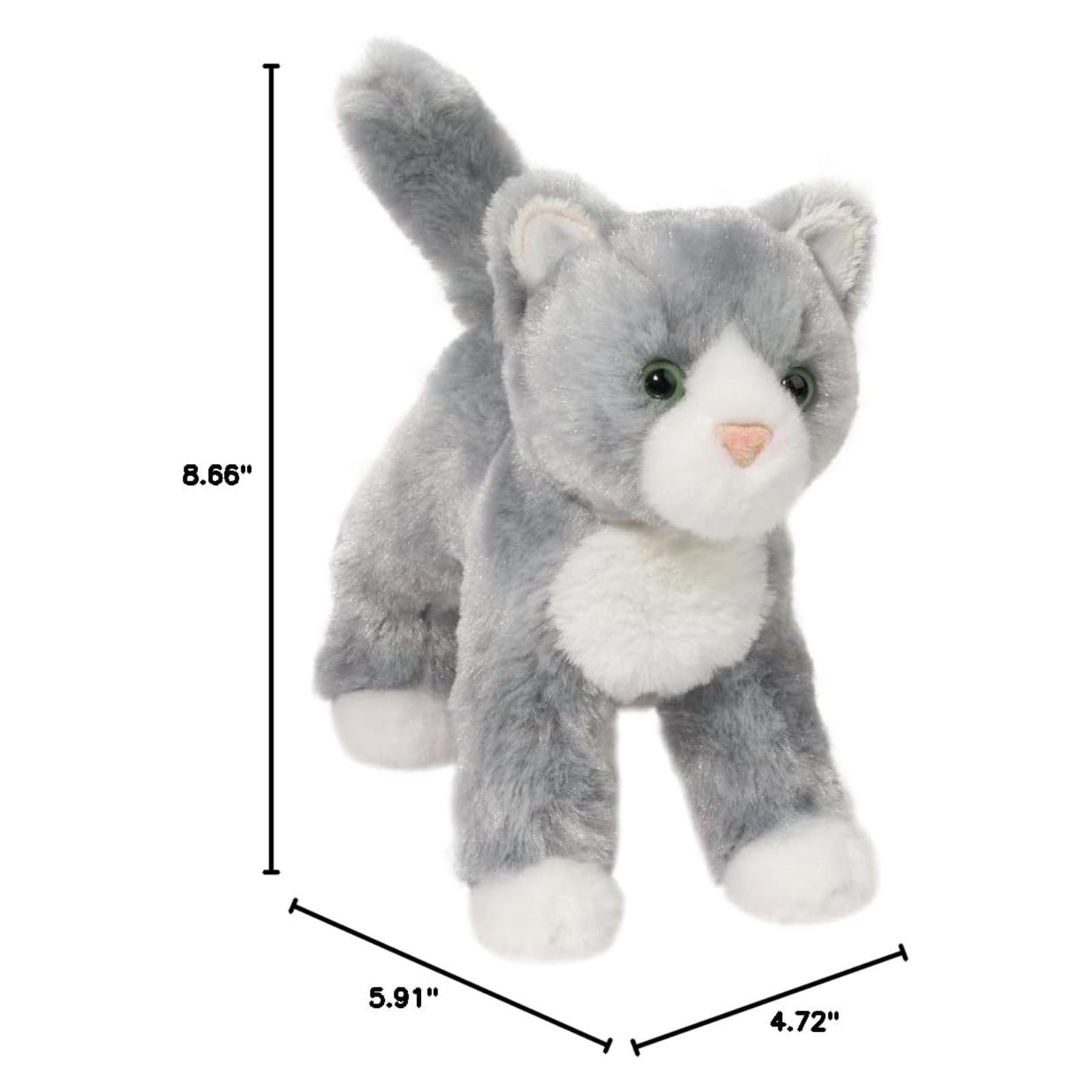 Gray and white plush cat toy with measurements on a white background