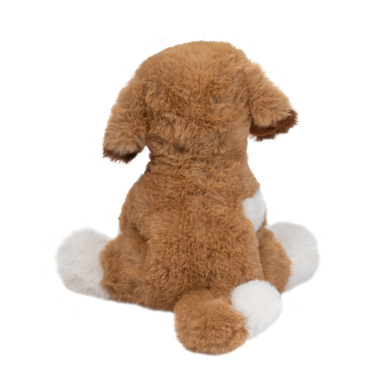 Brown plush dog toy on a white background