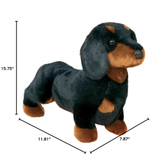 Plush dachshund toy with measurements on a white background