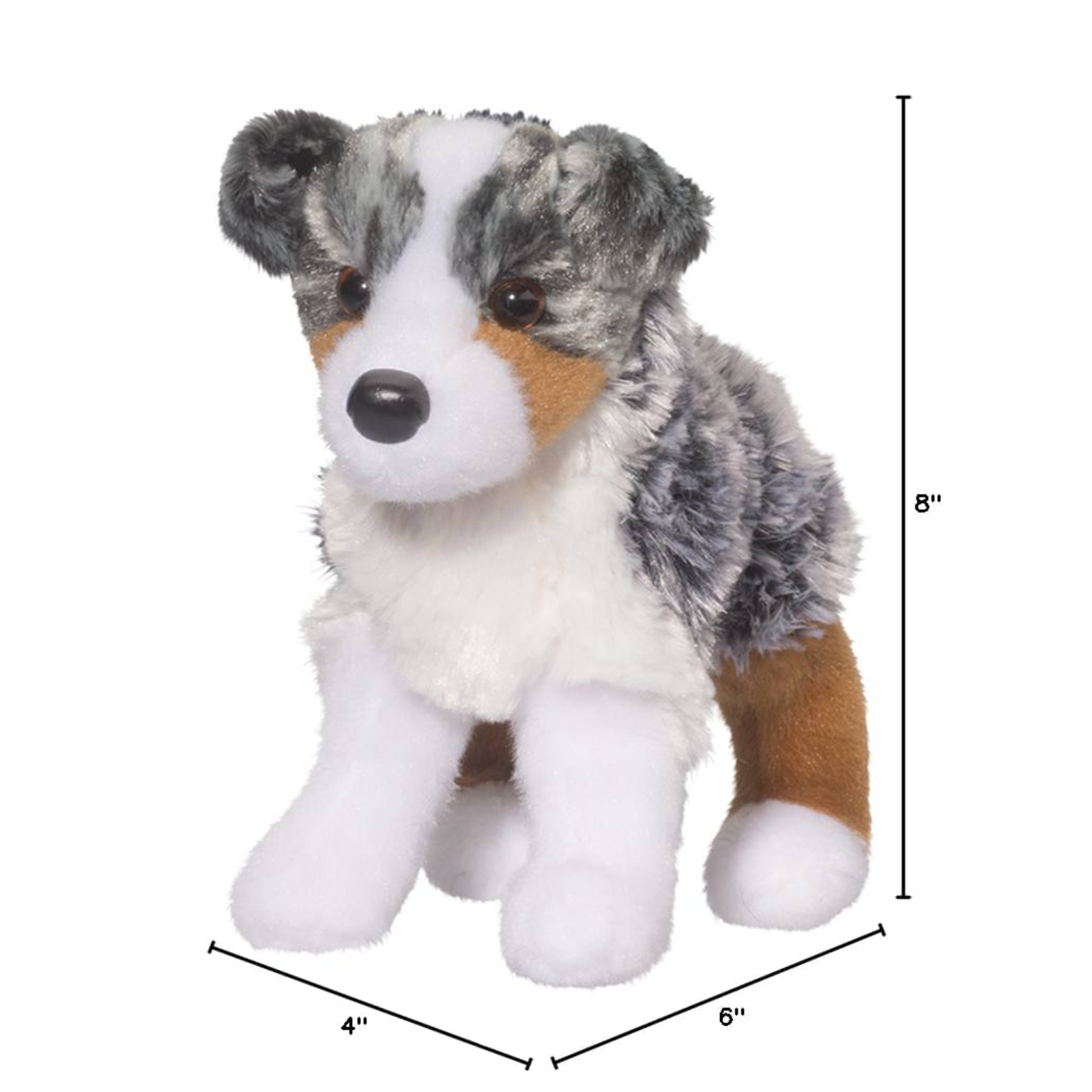 Plush toy dog with measurements on a white background