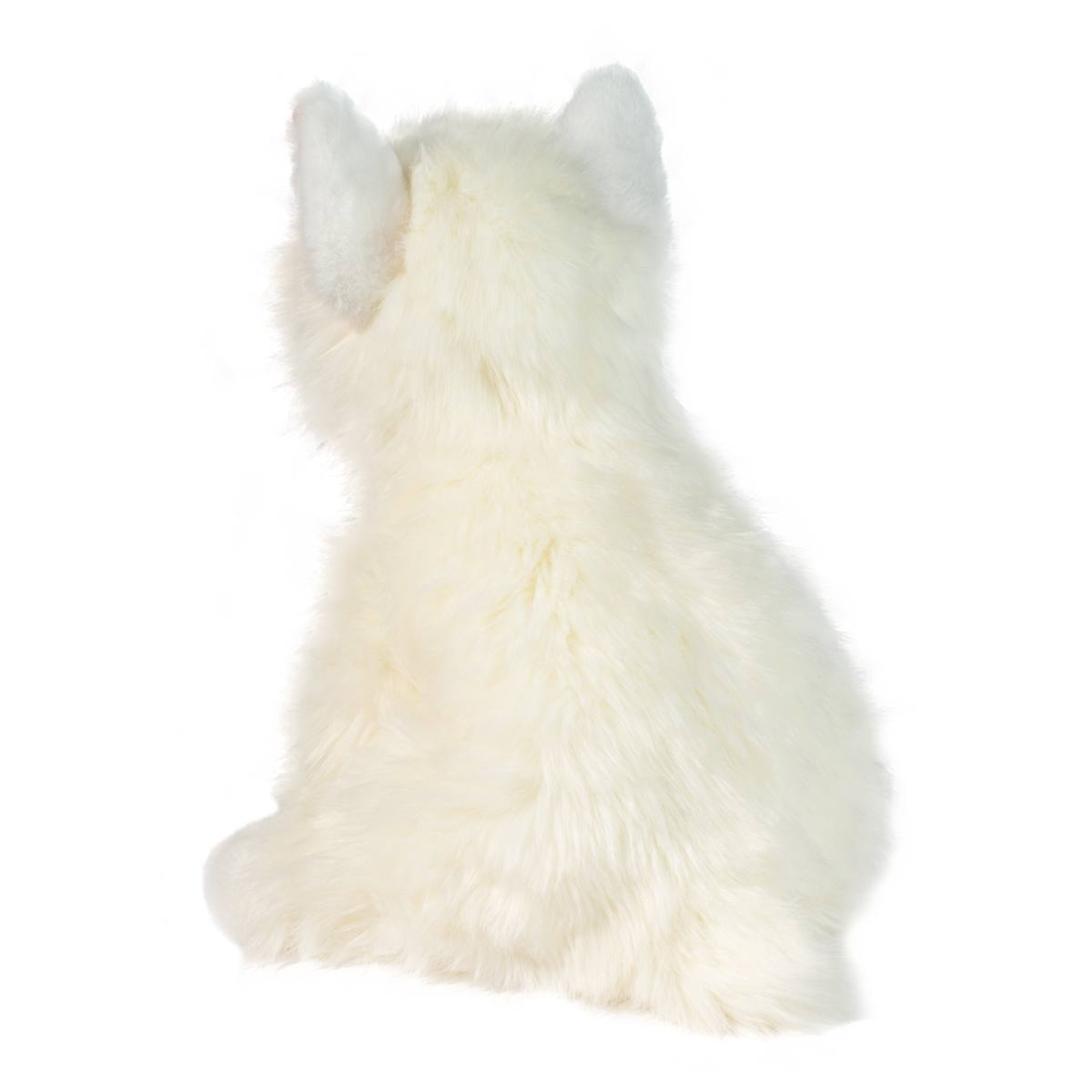 White plush toy with gray horns on a white background
