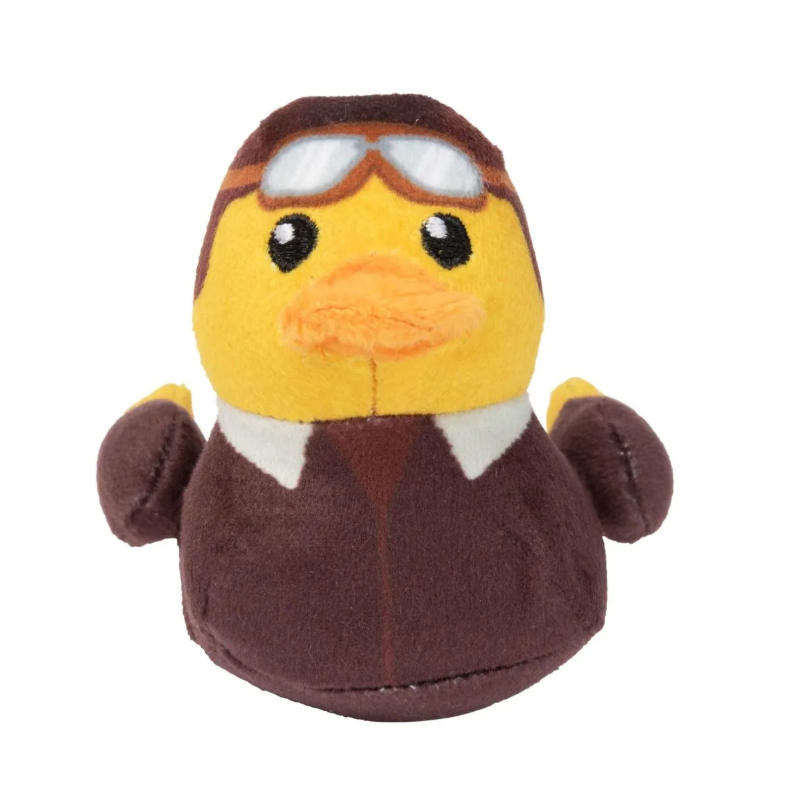 Plush duck toy dressed as a pilot with goggles on a white background
