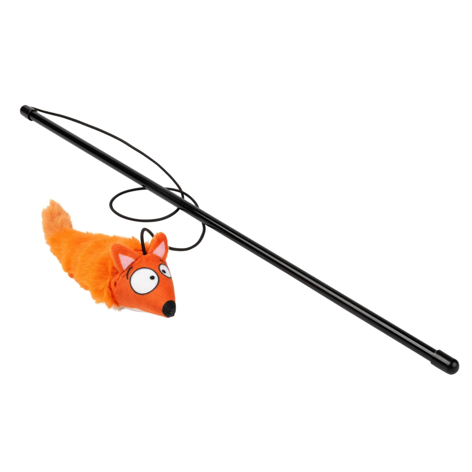 Orange fox-shaped cat toy on a black rod against a white background