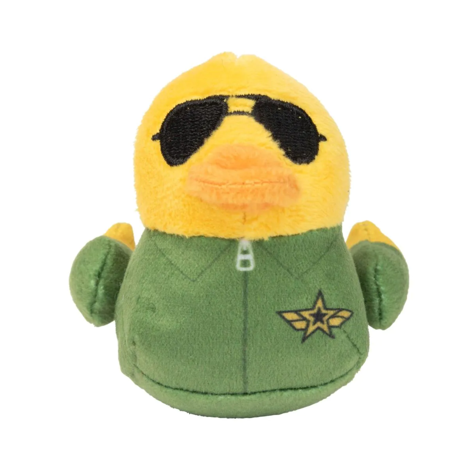Plush toy duck with a green jacket and yellow hood on a white background