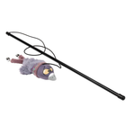 Cat toy with a plush mouse on a black rod against a white background