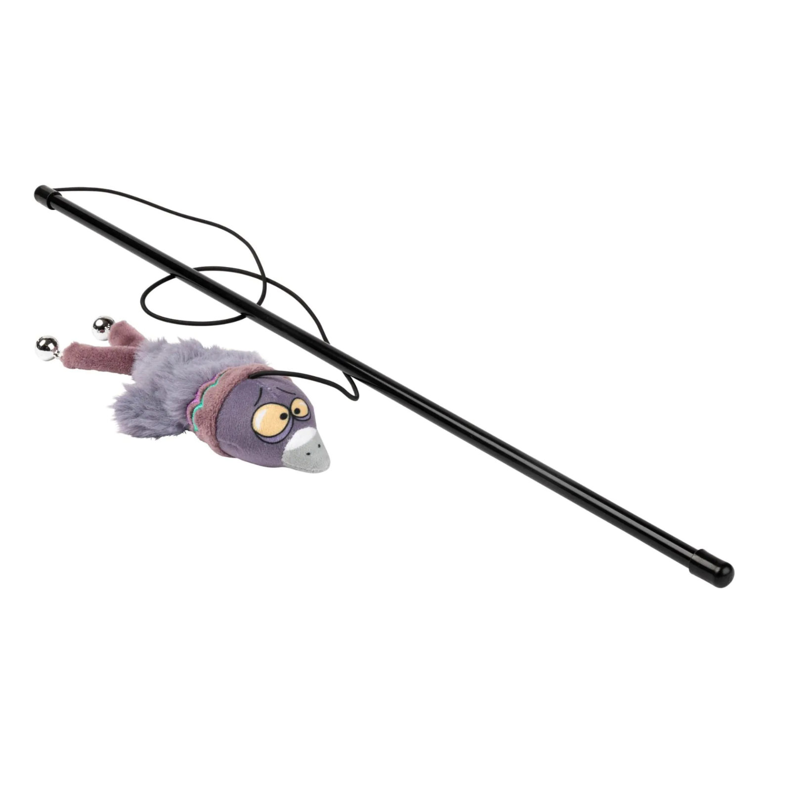Cat toy with a plush mouse on a black rod against a white background