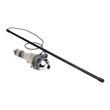 Cat toy with a rattle attached to a black rod on a white background