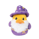 Plush toy resembling a duck wearing a purple wizard hat on a white background