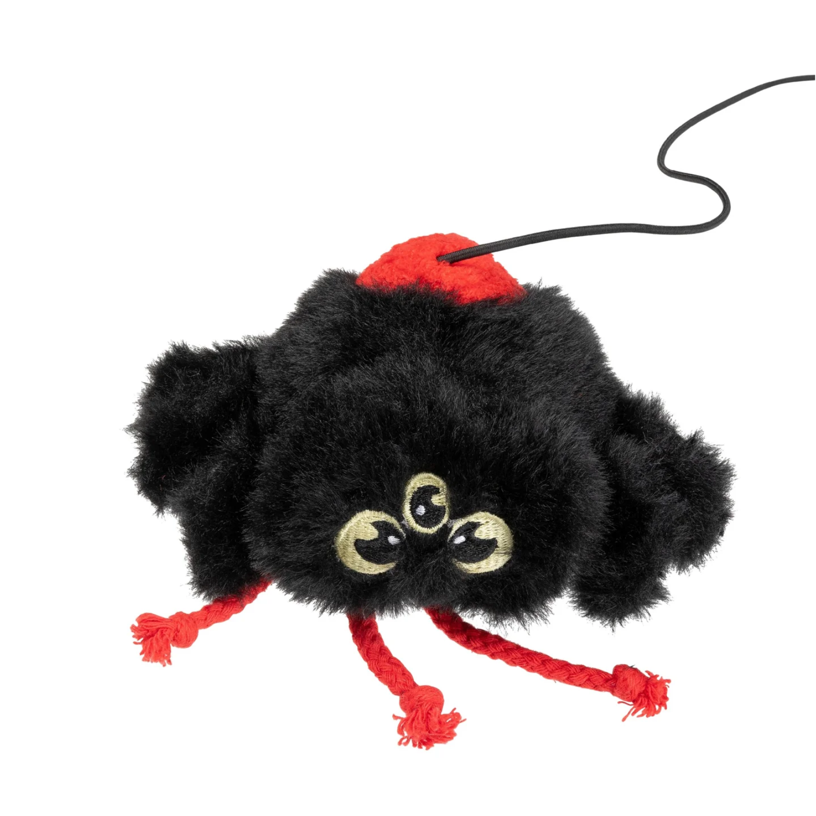 A black fuzzy spider toy with red yarn legs and a red top, featuring three large embroidered eyes on the front and a black string attached to the top, shown on a plain white background.
