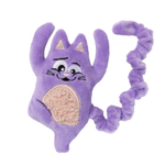 Purple cat-shaped plush toy with a scrunchie on a white background