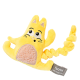 Yellow cat-shaped plush toy with a chewable treat inside, branded 'FuzzYard', on a white background.