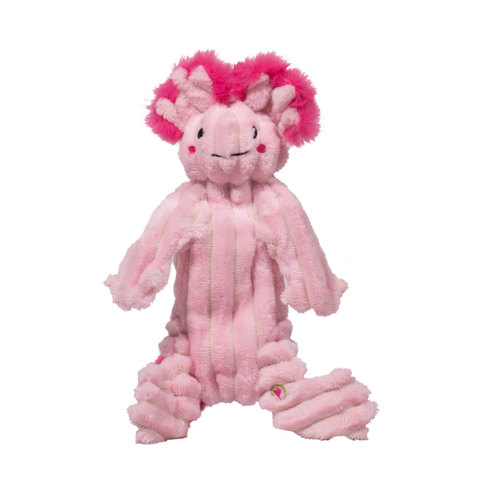 Pink plush toy with a smiling face and pink hair on a white background