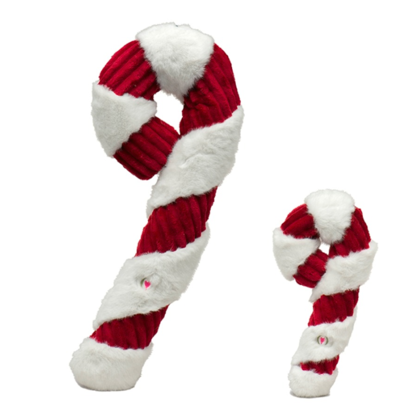Two red and white striped fuzzy candy cane decorations on a plain white background.