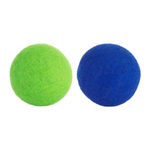 Two felt balls, one green and one blue, on a white background