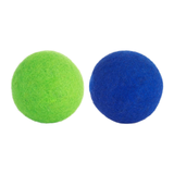 Two felt balls, one green and one blue, on a white background