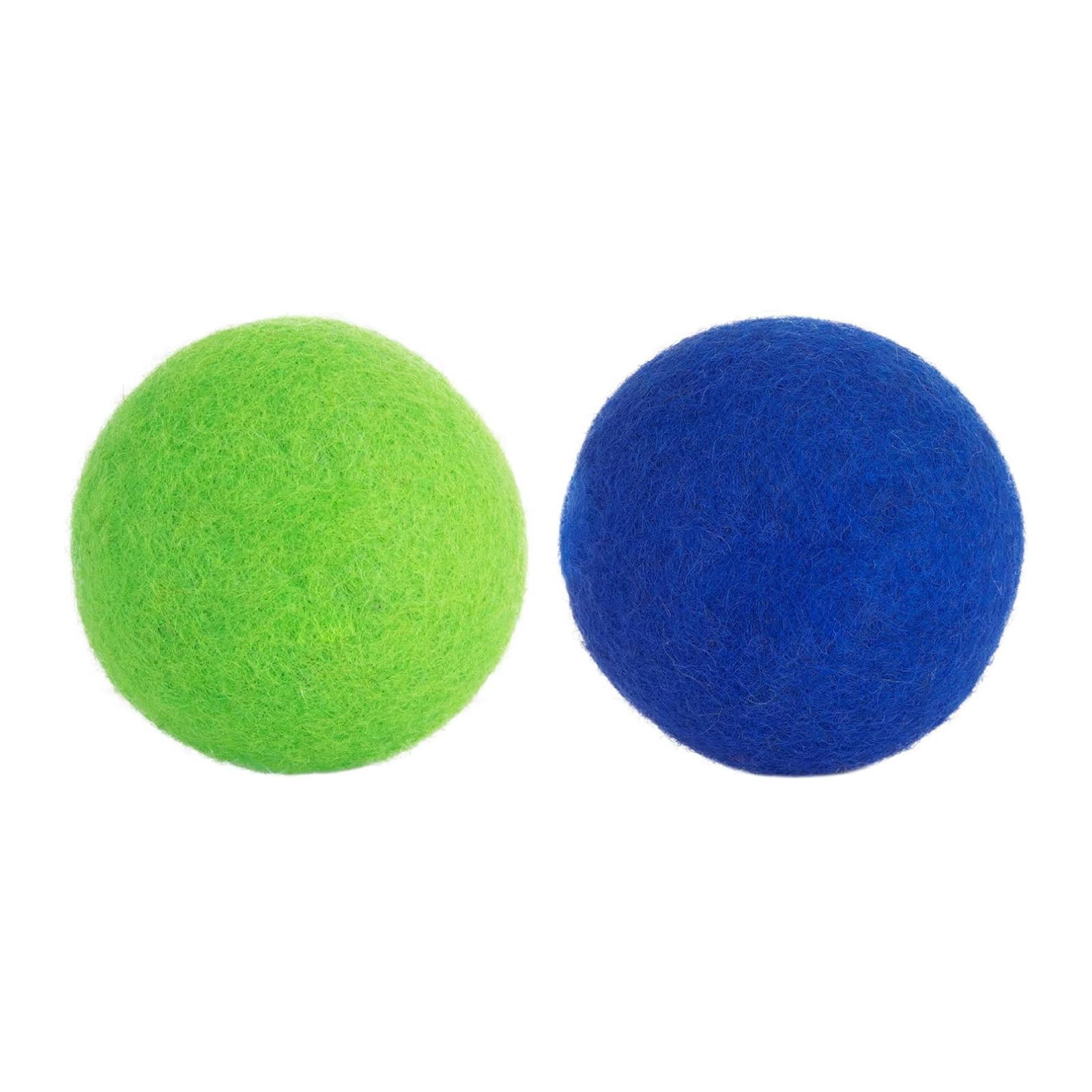Two felt balls, one green and one blue, on a white background