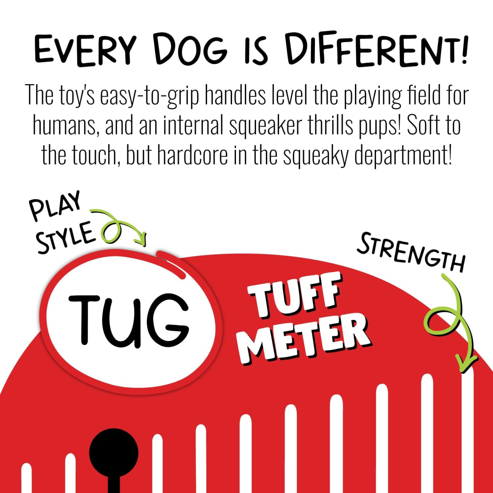 Red toy with text describing features and play style, on a white background