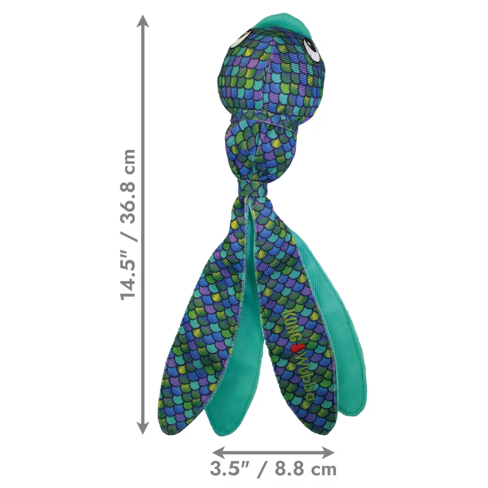 Colorful dog toy with measurements on a white background