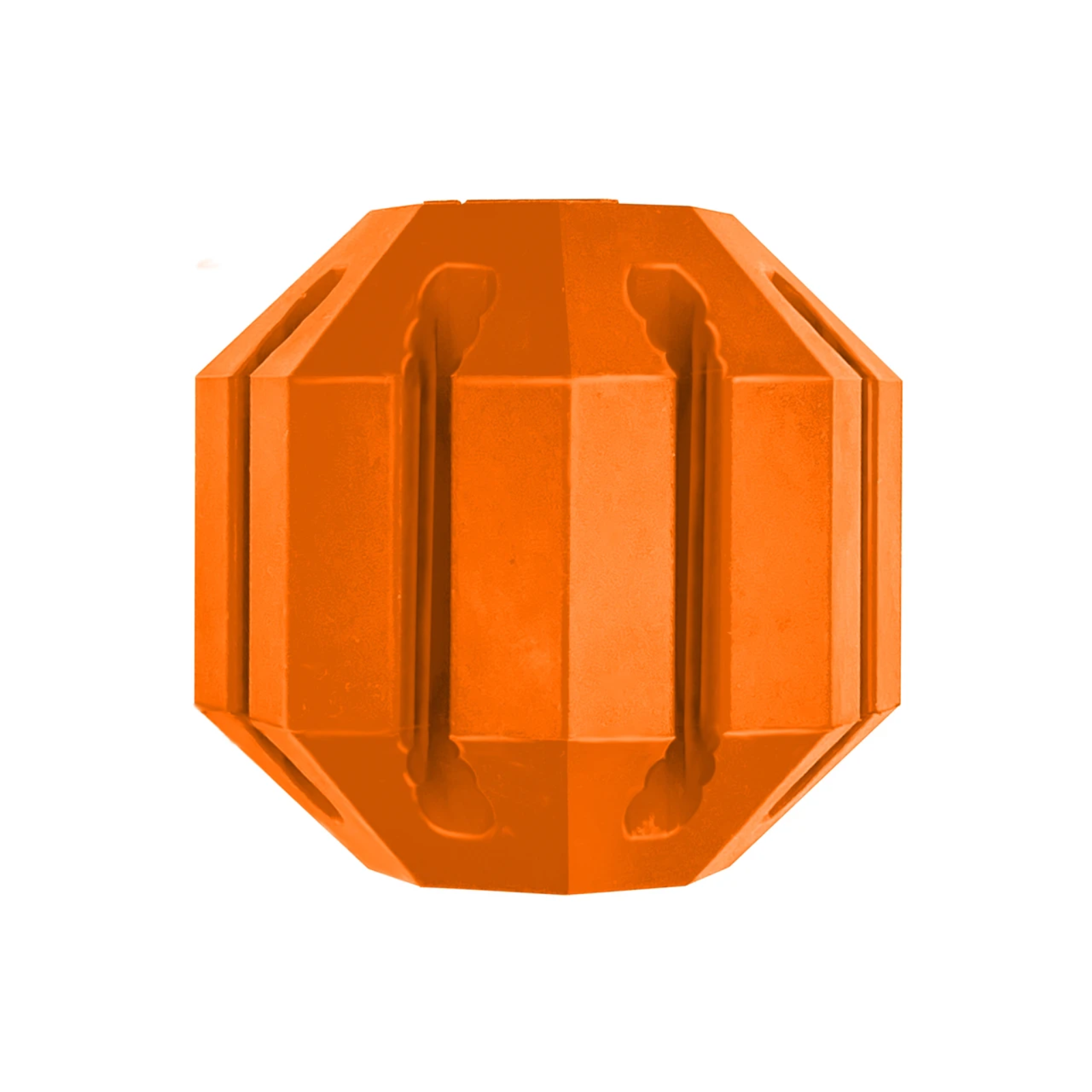 An orange plastic octagonal knob with a faceted, geometric design and vertical ribbed details, shown on a plain white background.