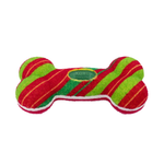 A KONG bone-shaped dog toy made of striped felt in red, green, and yellow, with a green central label, isolated on a white background.