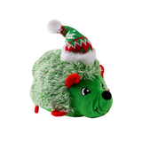 A plush hedgehog toy with a green body, red ears and legs, and a knitted Santa hat in green, red, and white with a white pom-pom, shown on a plain white background.