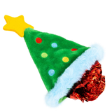A plush Christmas tree-shaped candy holder or gift holder with a yellow star topper, green fuzzy body, multicolored decorative dots, a white faux-fur trim, and a shiny red foil-wrapped opening, shown on a plain white background.