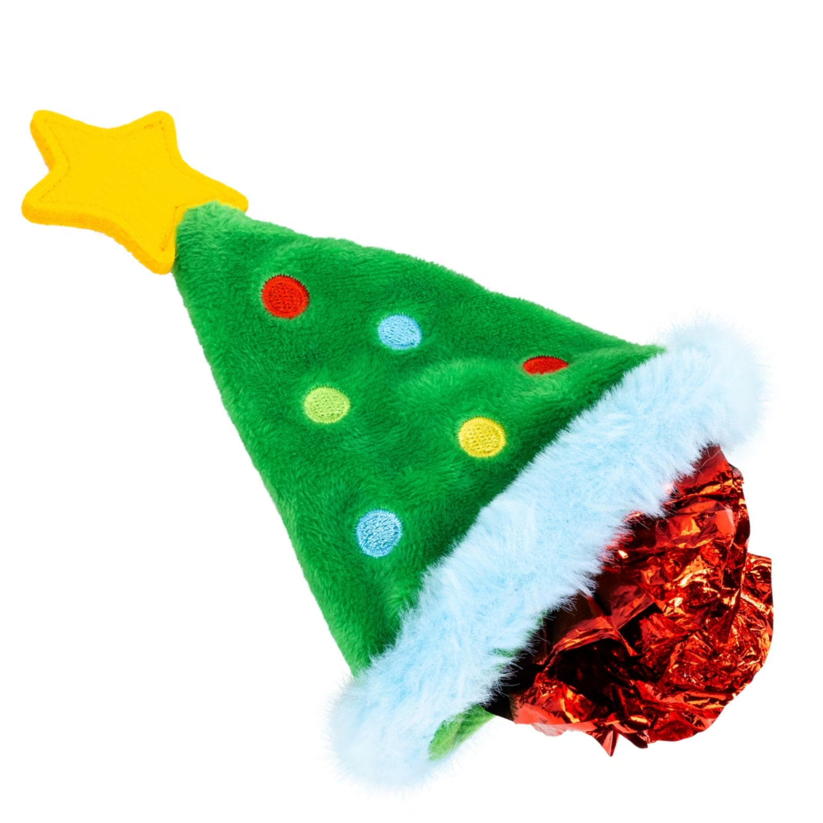 A plush Christmas tree-shaped candy holder or gift holder with a yellow star topper, green fuzzy body, multicolored decorative dots, a white faux-fur trim, and a shiny red foil-wrapped opening, shown on a plain white background.