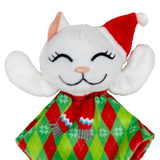 Plush cat toy with a red and green pattern on a white background