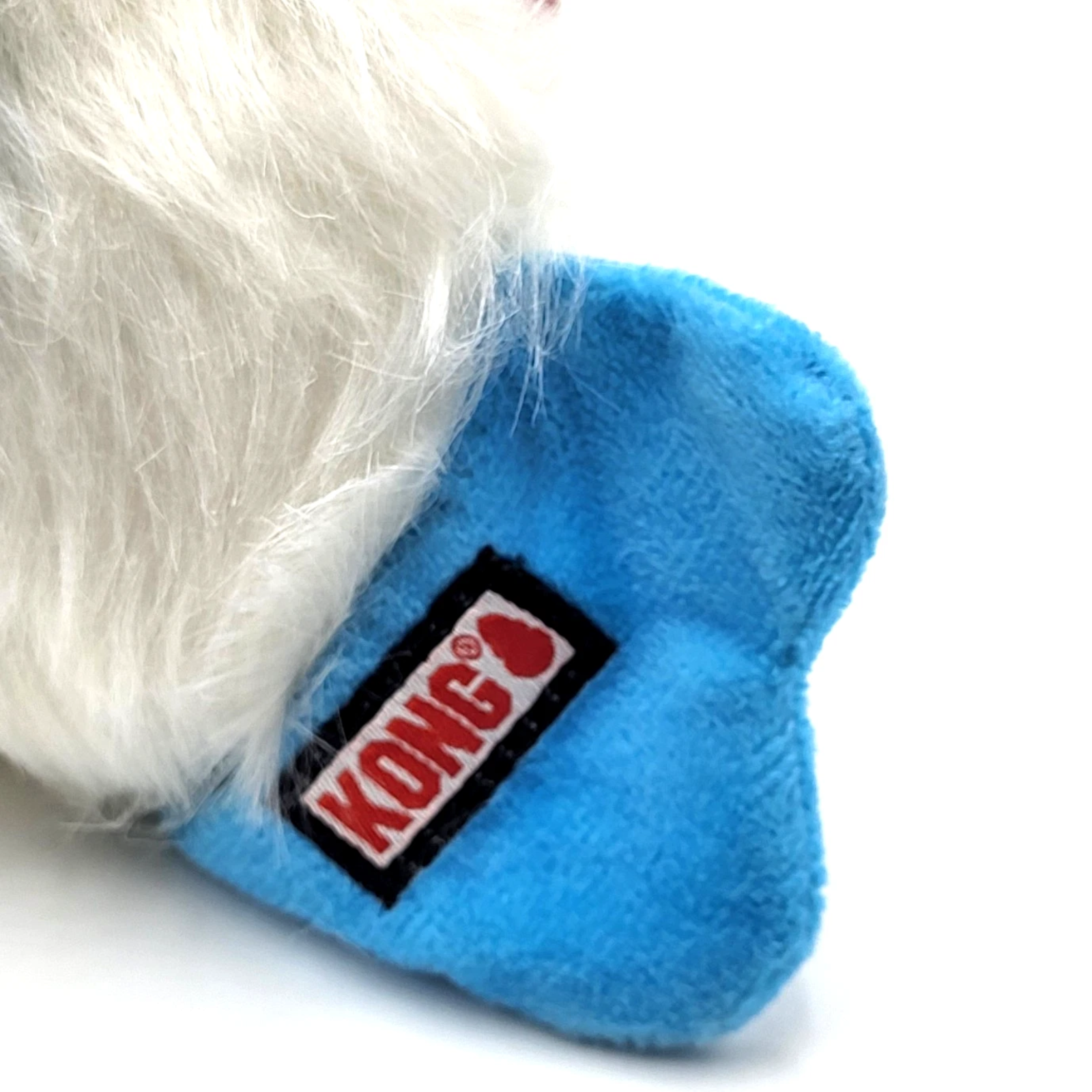 Blue KONG toy with a dog's paw wearing it on a white background