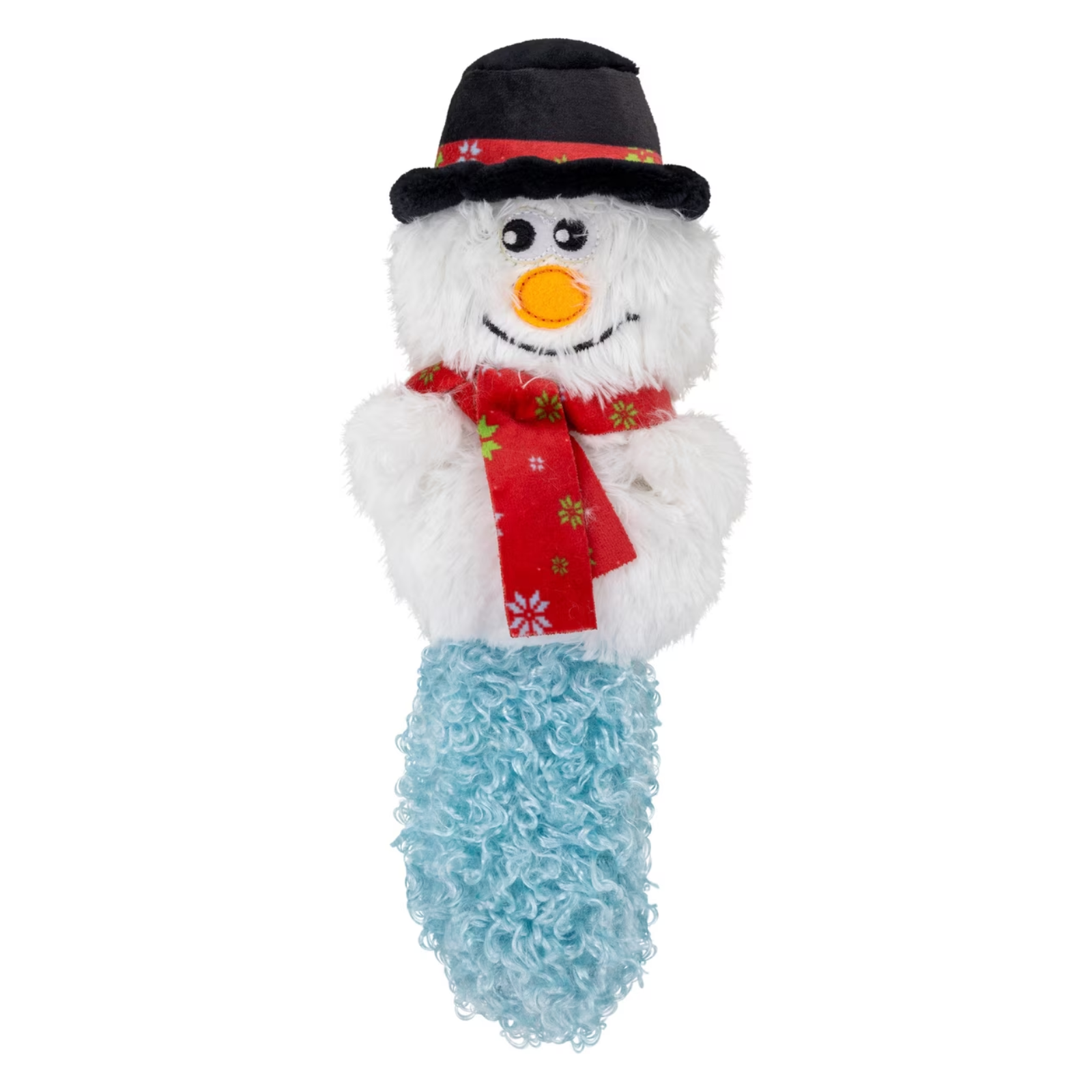 A plush snowman toy or dog toy with a black top hat, red scarf with white snowflake details, orange carrot nose, and a fluffy light blue tail, shown on a plain white background.