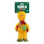 KONG Knots Squeaks dog toy in the form of a yellow bird character, wearing a red and green striped scarf and plaid green socks, on its original green hanging card.