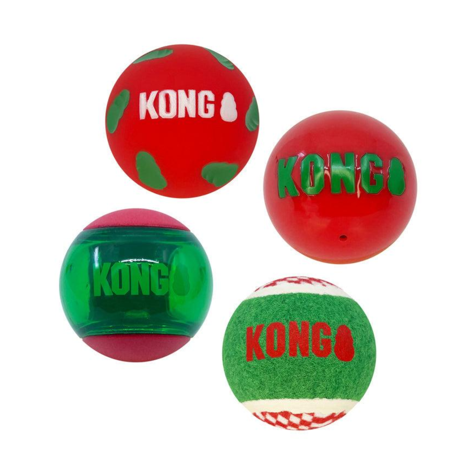 Four Kong brand dog toys arranged on a plain white background: two red balls with green accents and white KONG text, one green ball with red accents and green KONG text, and one green-and-white checkered ball with red KONG text.